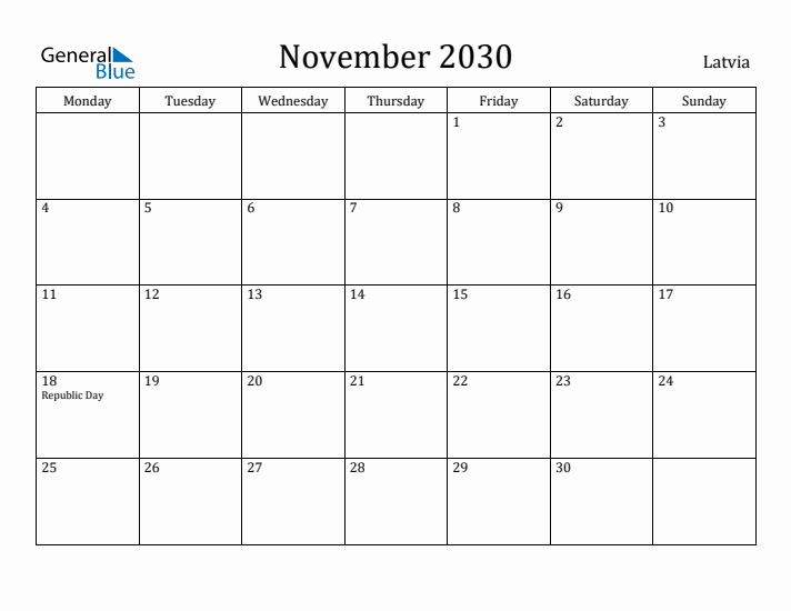 November 2030 Calendar Latvia