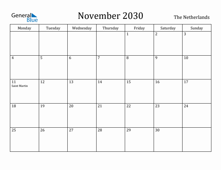 November 2030 Calendar The Netherlands