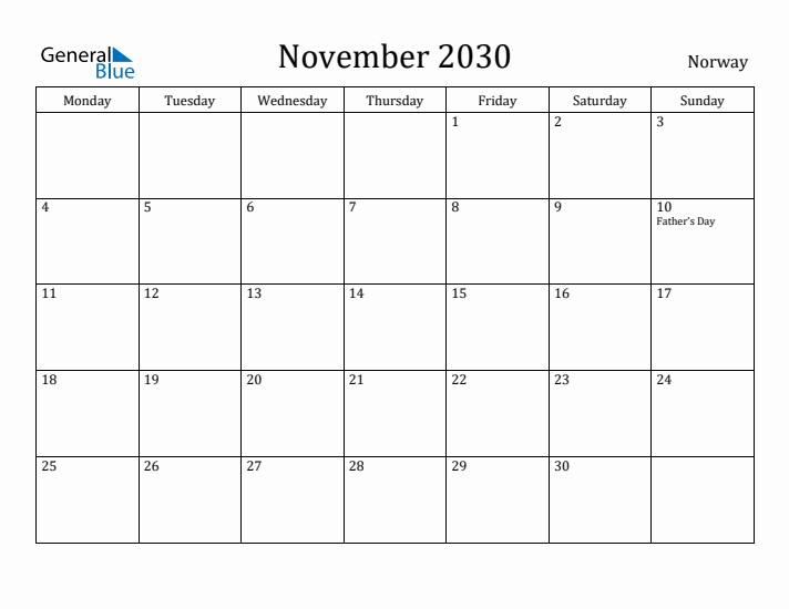 November 2030 Calendar Norway