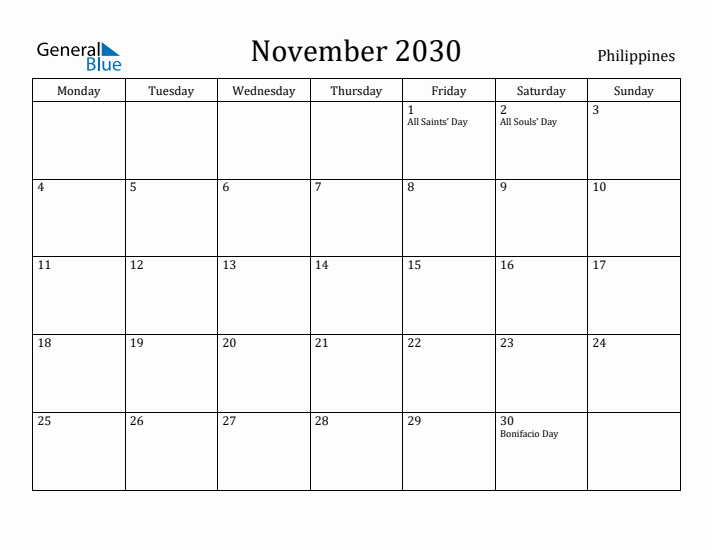 November 2030 Calendar Philippines