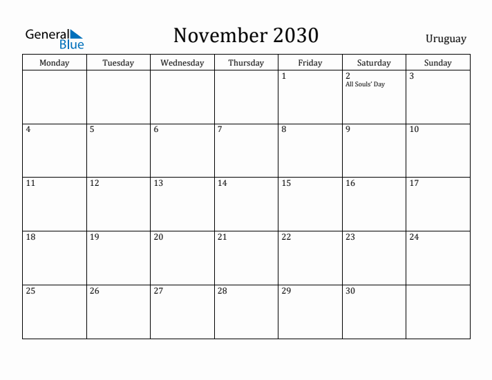 November 2030 Calendar Uruguay