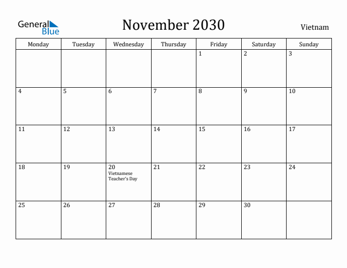 November 2030 Calendar Vietnam