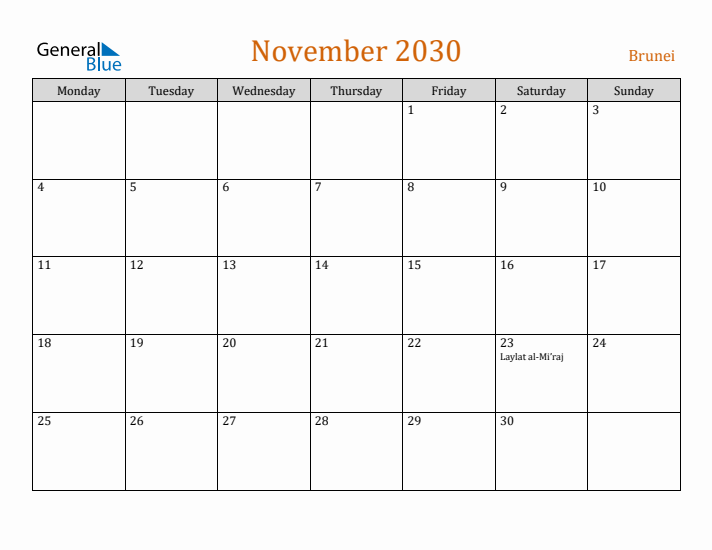 November 2030 Holiday Calendar with Monday Start