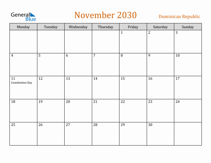 November 2030 Holiday Calendar with Monday Start