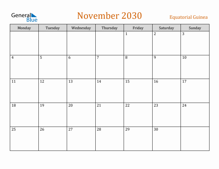 November 2030 Holiday Calendar with Monday Start