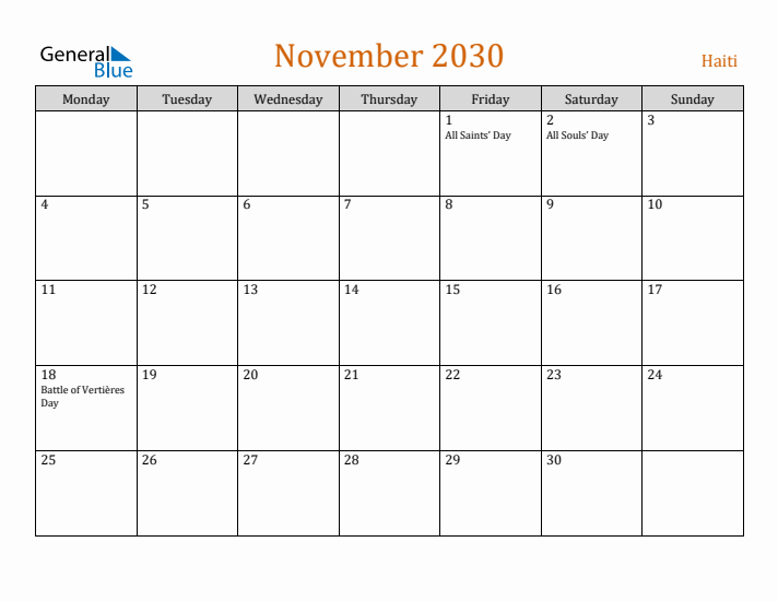 November 2030 Holiday Calendar with Monday Start