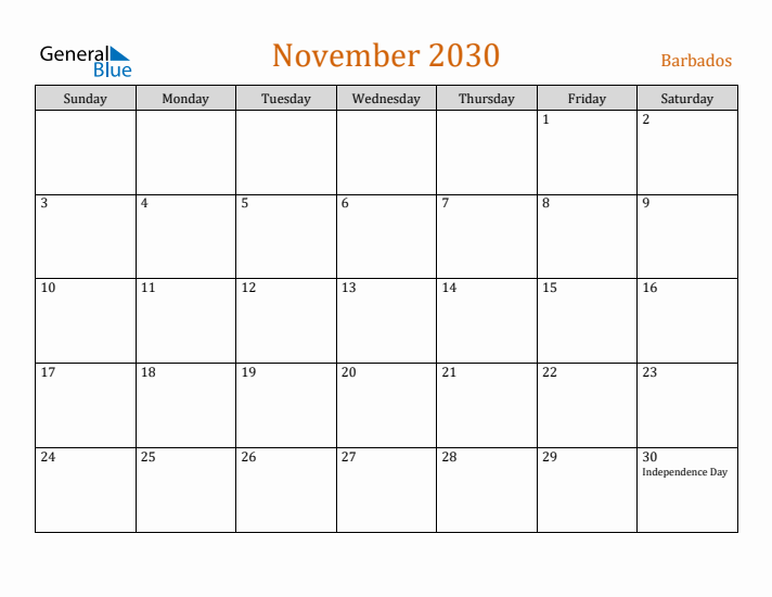 November 2030 Holiday Calendar with Sunday Start