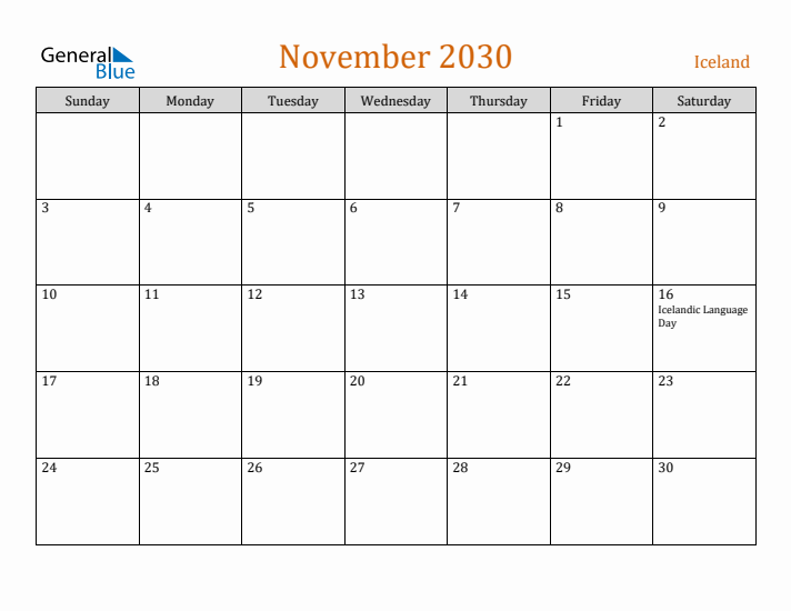 November 2030 Holiday Calendar with Sunday Start