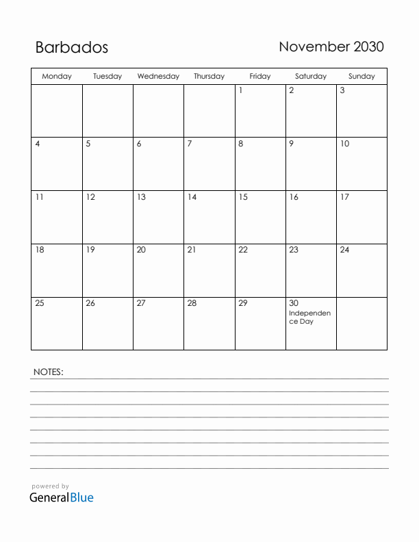 November 2030 Barbados Calendar with Holidays (Monday Start)