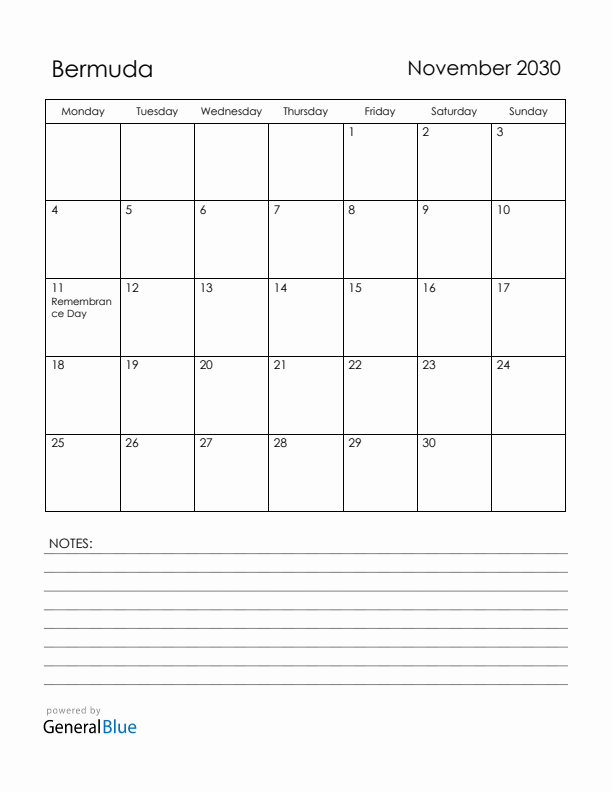 November 2030 Bermuda Calendar with Holidays (Monday Start)