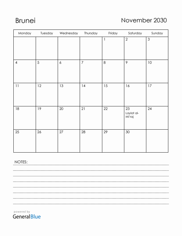 November 2030 Brunei Calendar with Holidays (Monday Start)