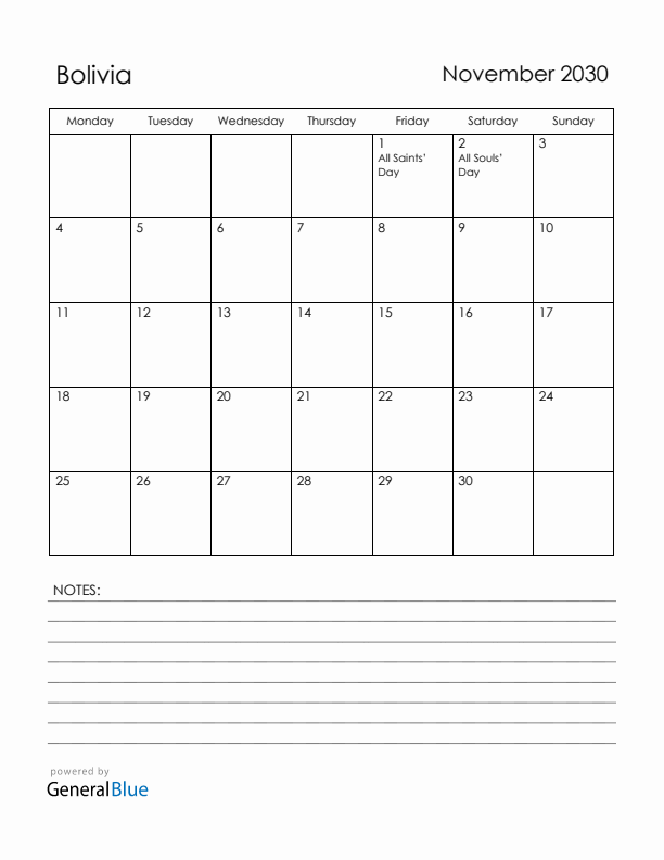 November 2030 Bolivia Calendar with Holidays (Monday Start)