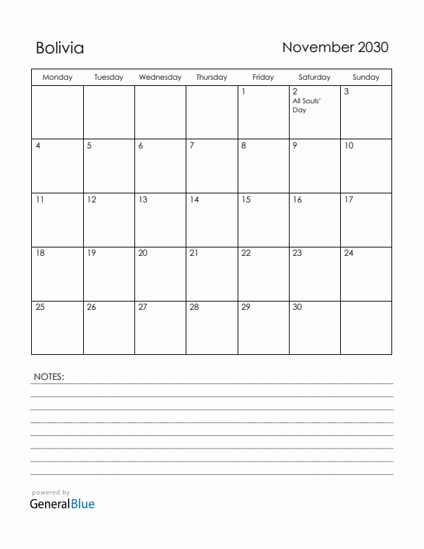 November 2030 Bolivia Calendar with Holidays (Monday Start)