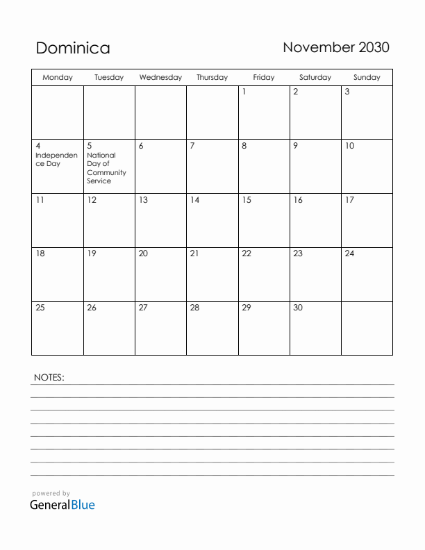 November 2030 Dominica Calendar with Holidays (Monday Start)