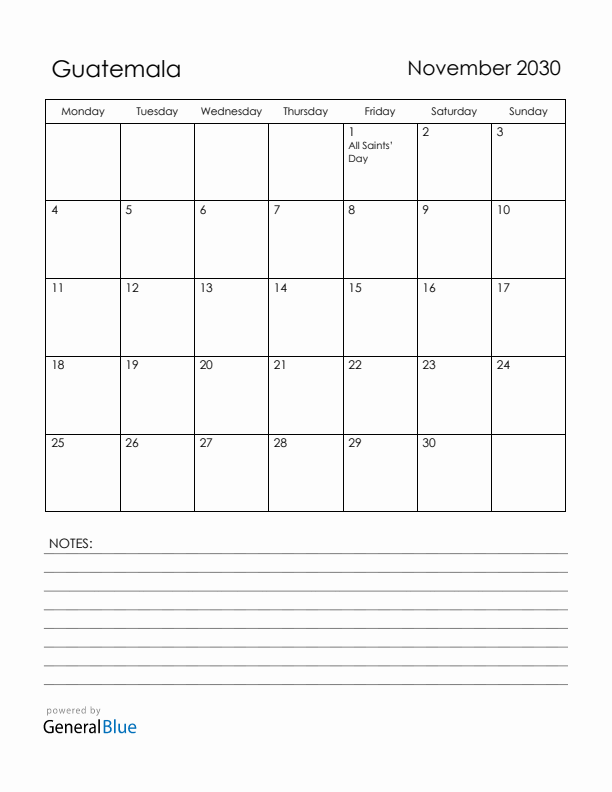 November 2030 Guatemala Calendar with Holidays (Monday Start)