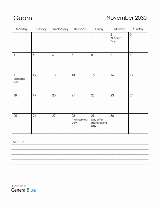 November 2030 Guam Calendar with Holidays (Monday Start)