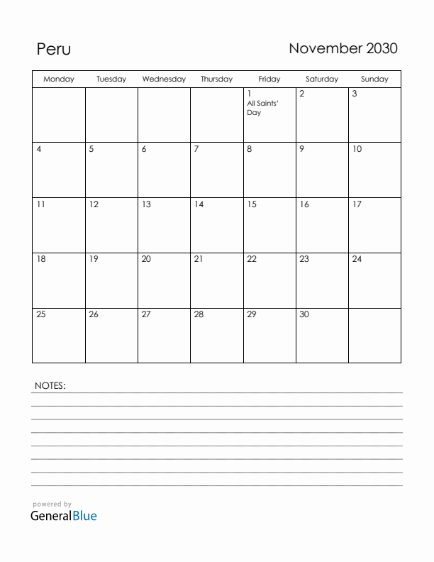 November 2030 Peru Calendar with Holidays (Monday Start)