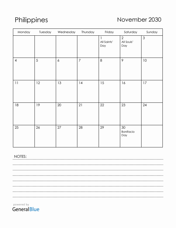 November 2030 Philippines Calendar with Holidays (Monday Start)
