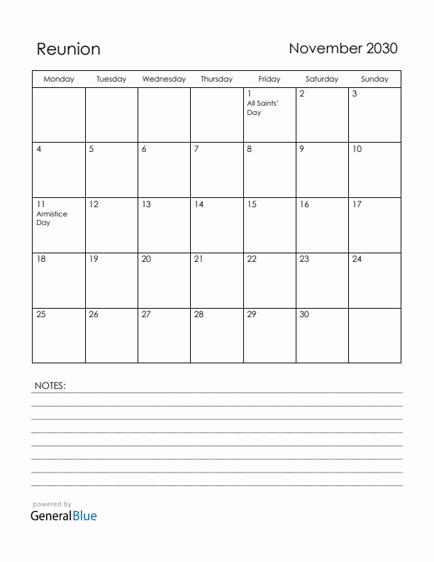 November 2030 Reunion Calendar with Holidays (Monday Start)