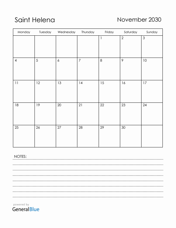 November 2030 Saint Helena Calendar with Holidays (Monday Start)