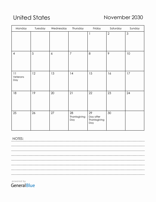 November 2030 United States Calendar with Holidays (Monday Start)