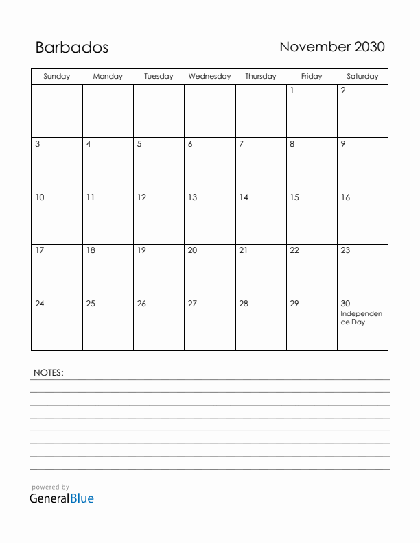 November 2030 Barbados Calendar with Holidays (Sunday Start)