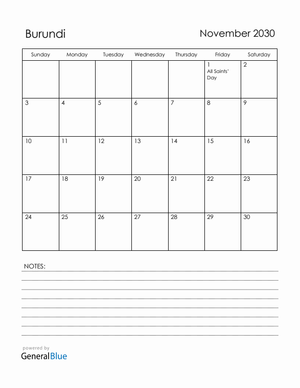November 2030 Burundi Calendar with Holidays (Sunday Start)