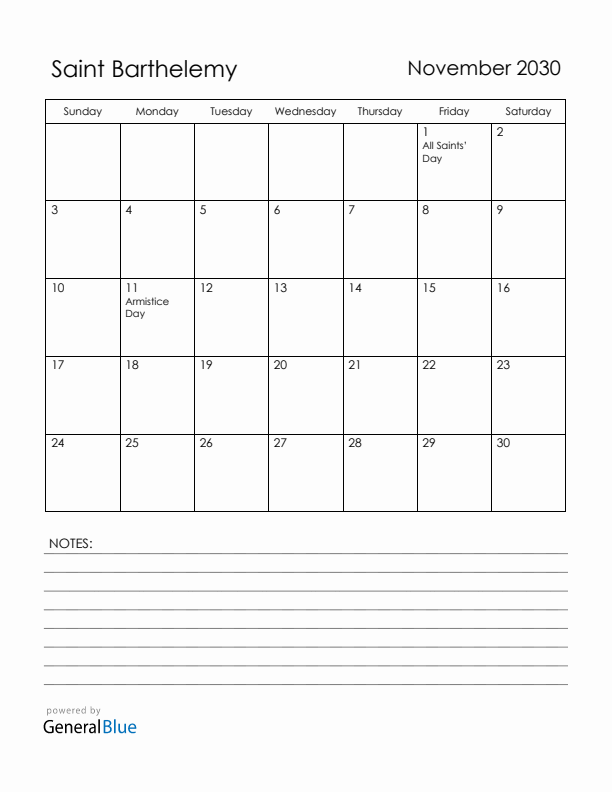 November 2030 Saint Barthelemy Calendar with Holidays (Sunday Start)