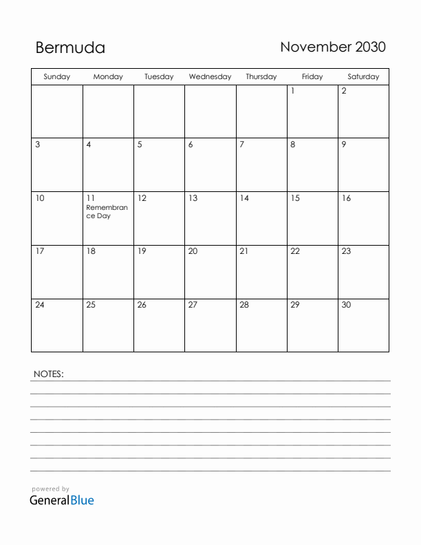 November 2030 Bermuda Calendar with Holidays (Sunday Start)