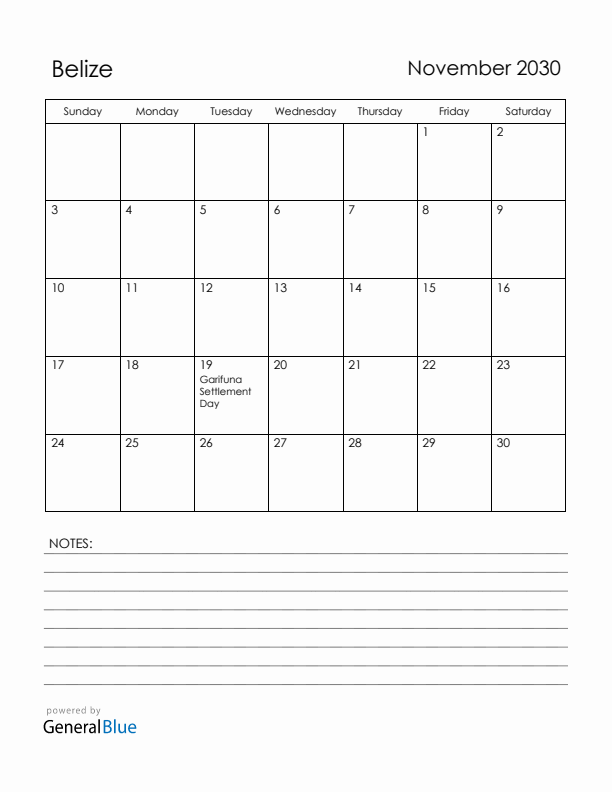 November 2030 Belize Calendar with Holidays (Sunday Start)