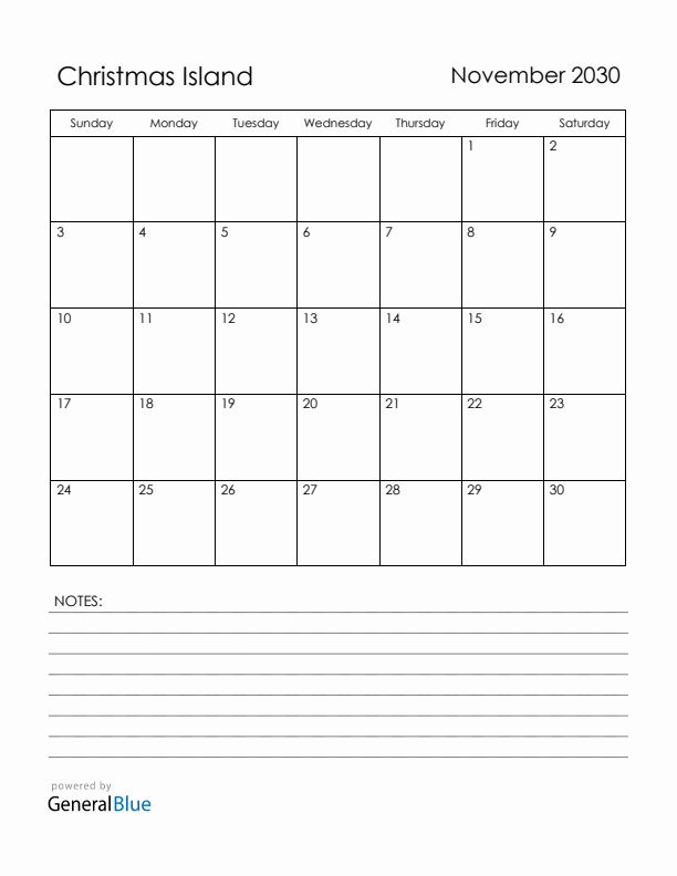 November 2030 Christmas Island Calendar with Holidays (Sunday Start)