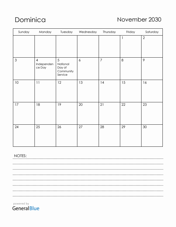 November 2030 Dominica Calendar with Holidays (Sunday Start)