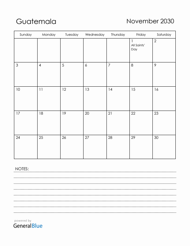 November 2030 Guatemala Calendar with Holidays (Sunday Start)