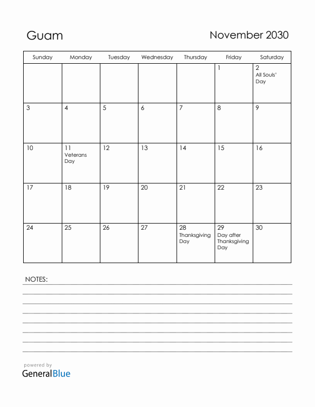 November 2030 Guam Calendar with Holidays (Sunday Start)