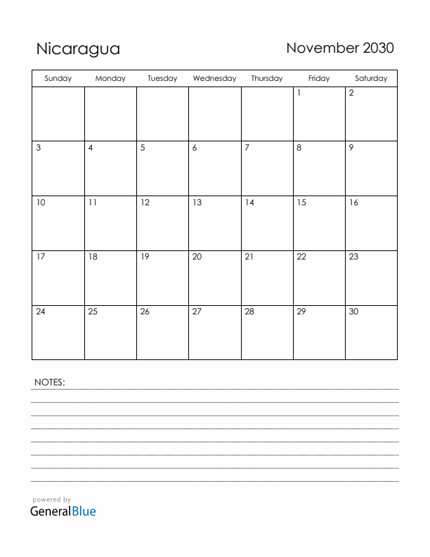 November 2030 Nicaragua Calendar with Holidays (Sunday Start)