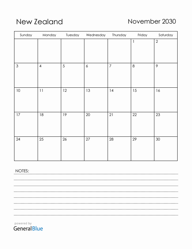 November 2030 New Zealand Calendar with Holidays (Sunday Start)