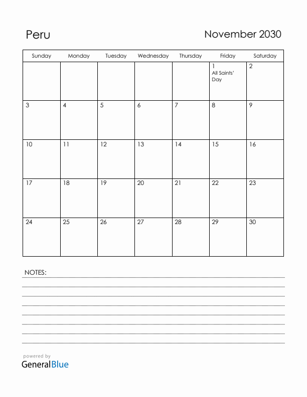 November 2030 Peru Calendar with Holidays (Sunday Start)