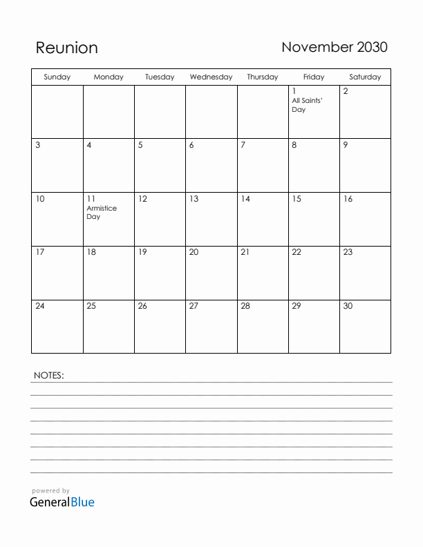 November 2030 Reunion Calendar with Holidays (Sunday Start)