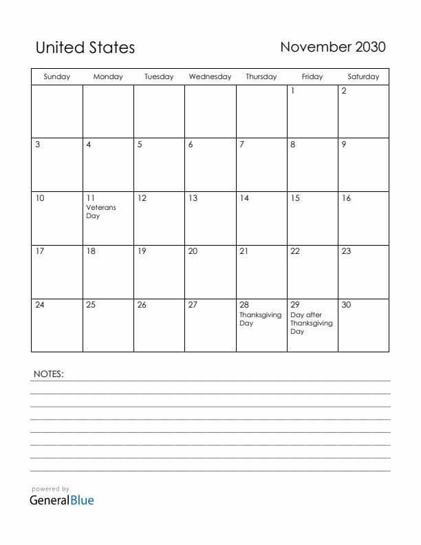 November 2030 United States Calendar with Holidays (Sunday Start)