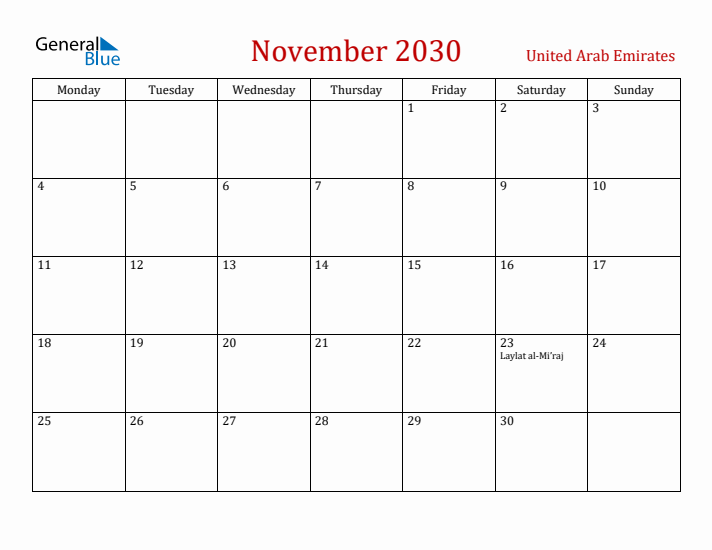 United Arab Emirates November 2030 Calendar - Monday Start