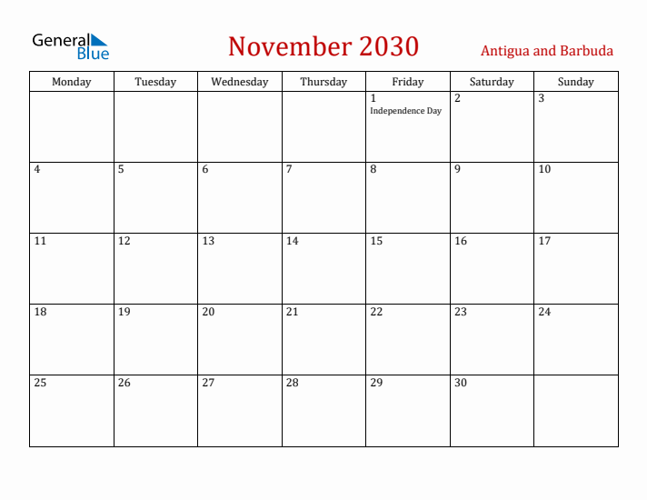 Antigua and Barbuda November 2030 Calendar - Monday Start