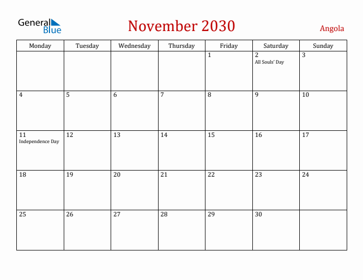 Angola November 2030 Calendar - Monday Start