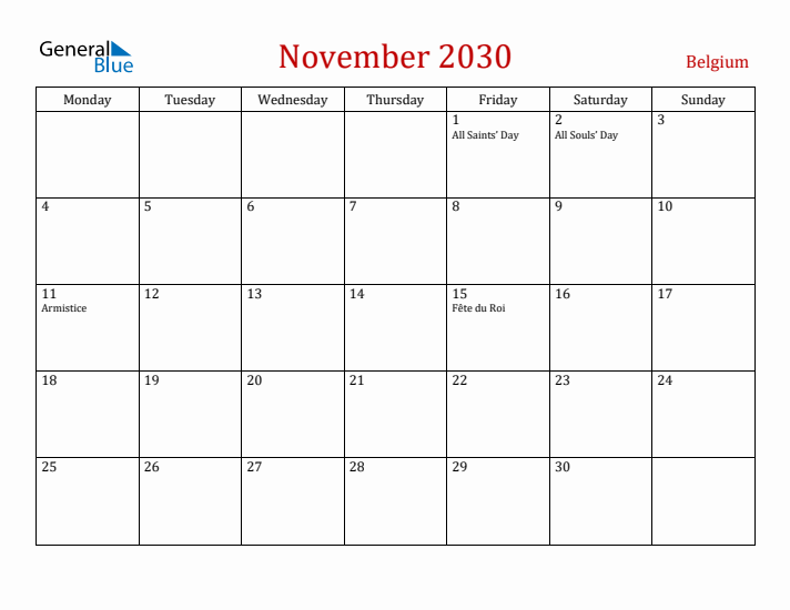 Belgium November 2030 Calendar - Monday Start