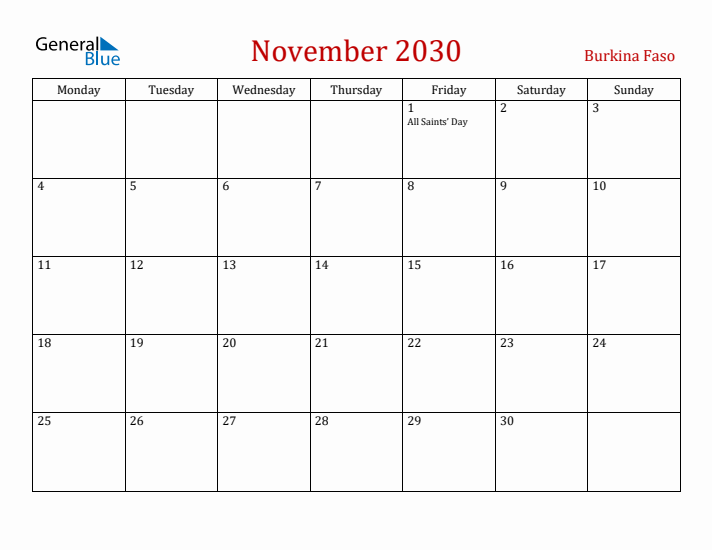 Burkina Faso November 2030 Calendar - Monday Start