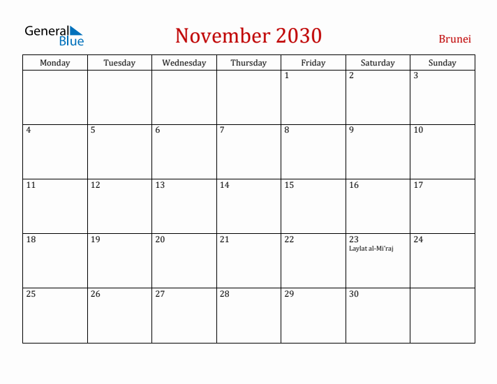 Brunei November 2030 Calendar - Monday Start