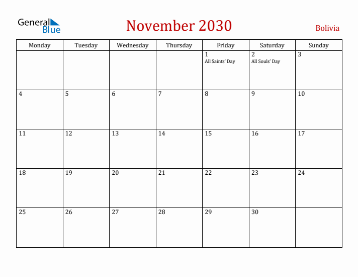 Bolivia November 2030 Calendar - Monday Start