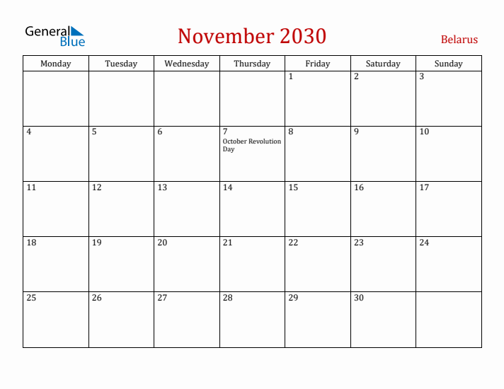Belarus November 2030 Calendar - Monday Start