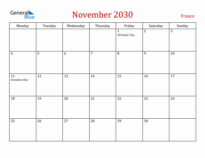 France November 2030 Calendar - Monday Start