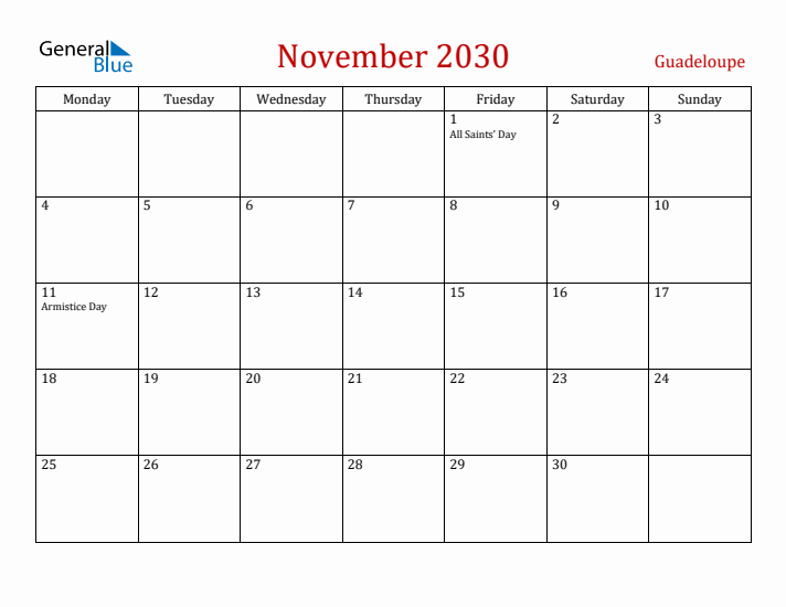 Guadeloupe November 2030 Calendar - Monday Start