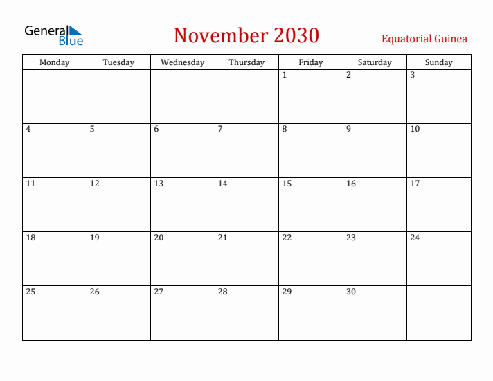 Equatorial Guinea November 2030 Calendar - Monday Start